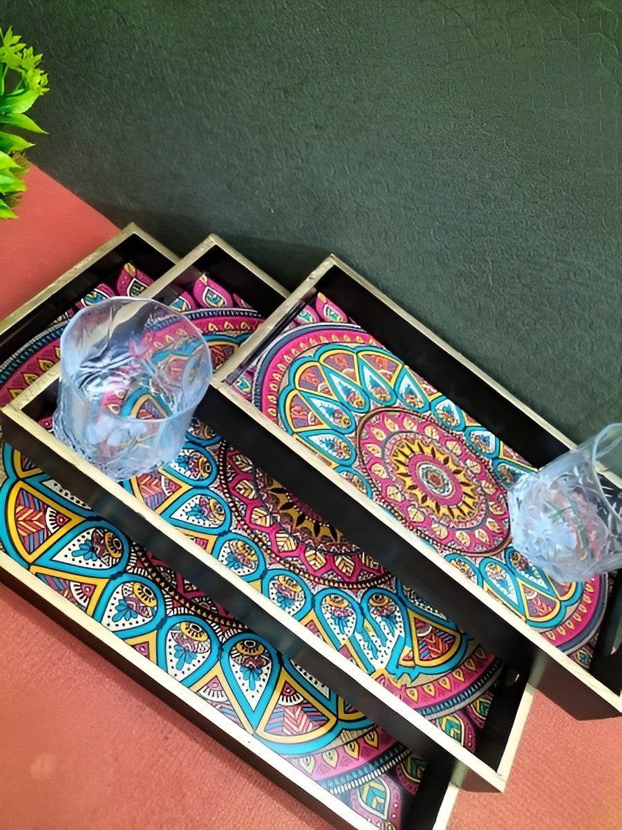 wooden with epoxy print mandala design , set of 3 trays for home/ office/ gift item